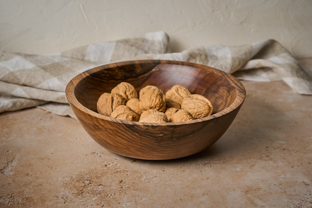 Side view of the handmade walnut bowl