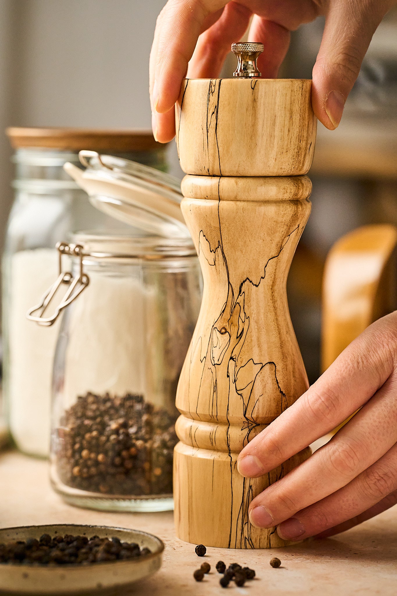 Apple Wood Pepper Grinder with Spalting Lines, Flat Top