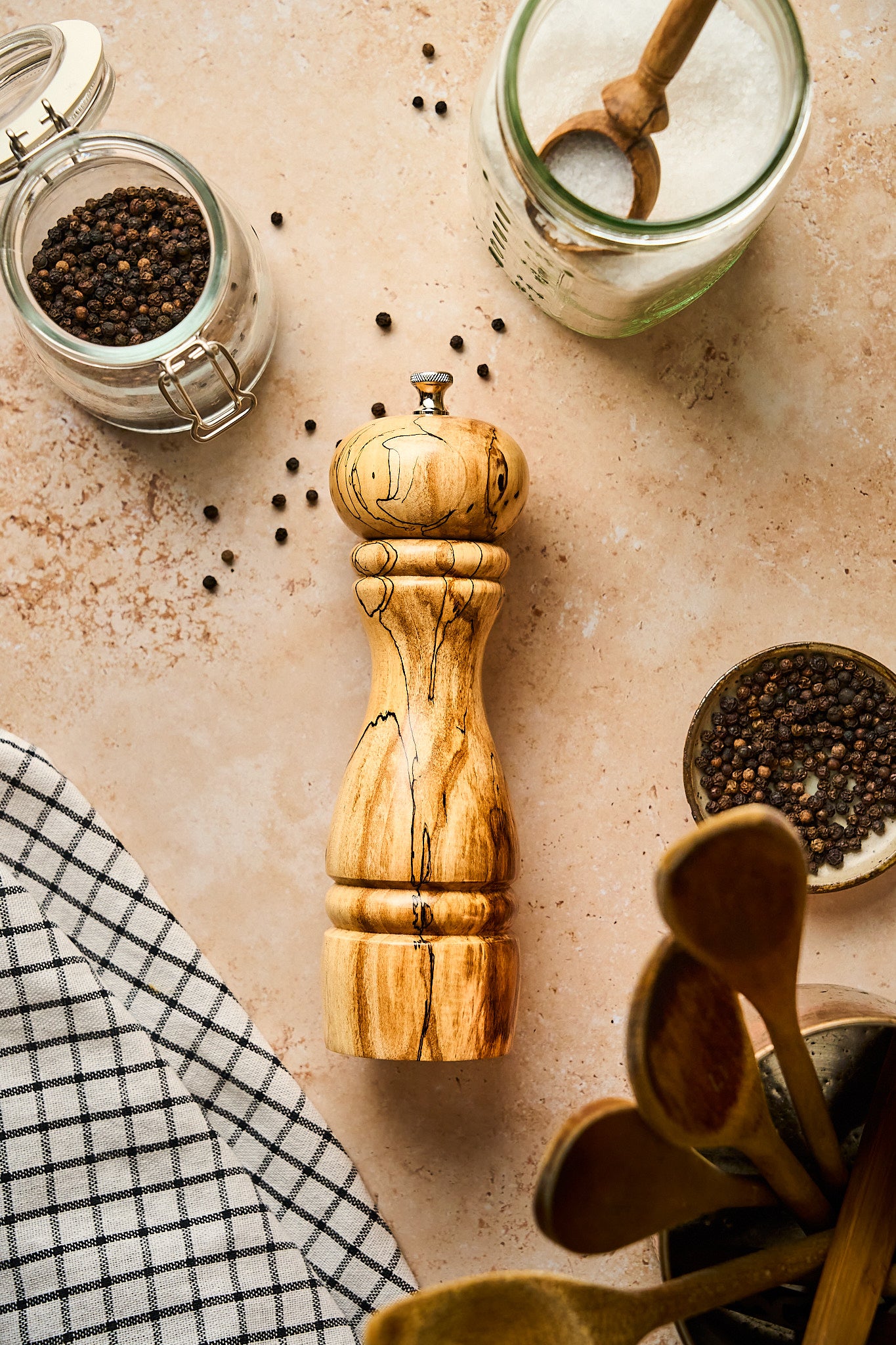 Apple Wood Pepper Grinder with Spalting Lines, Round Top