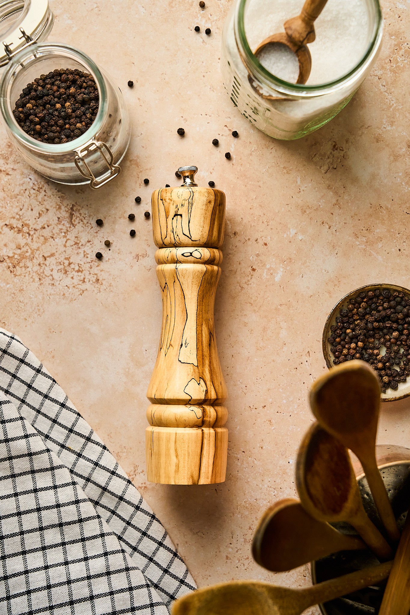 Apple Wood Pepper Grinder with Spalting Lines, Flat Top with Narrow Waist