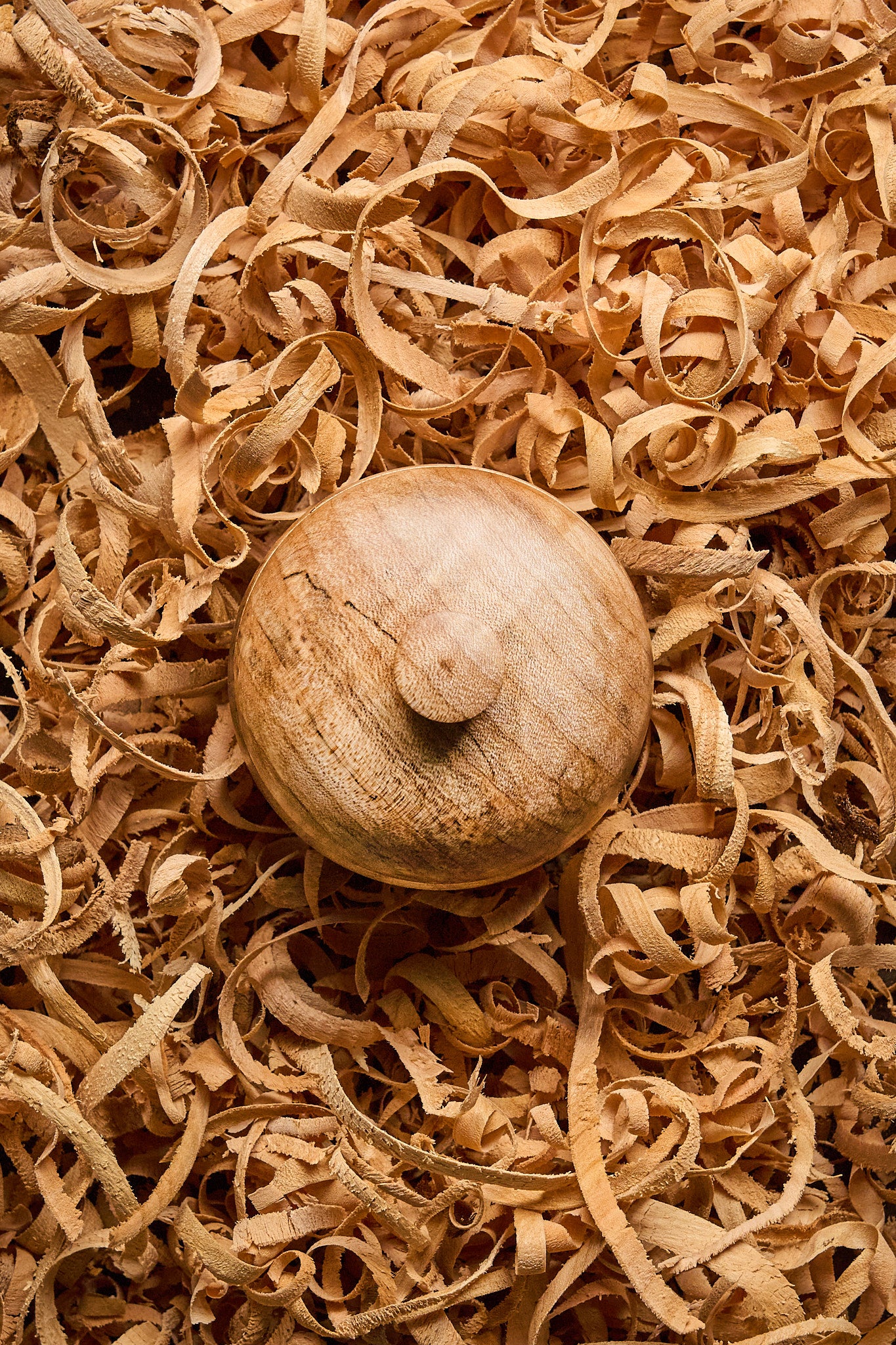 Top down view of the wood salt cellar on top of a bed of wood shavings