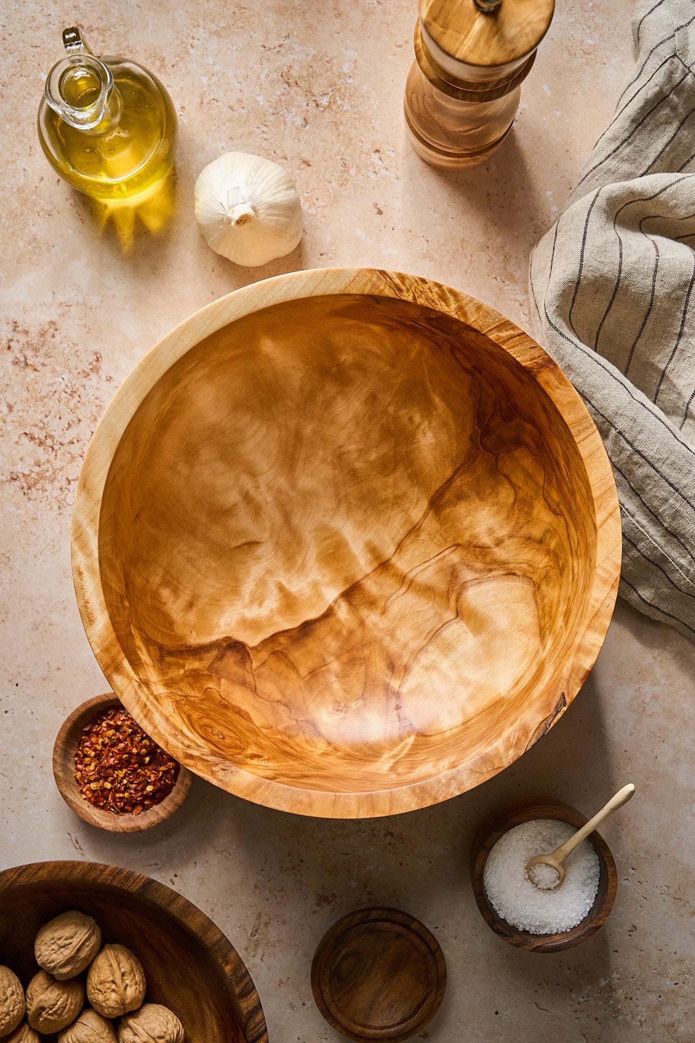 Empty big wood salad bowl showing the beautiful natural wood grain