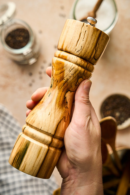 Apple Wood Pepper Grinder with Spalting Lines, Flat Top