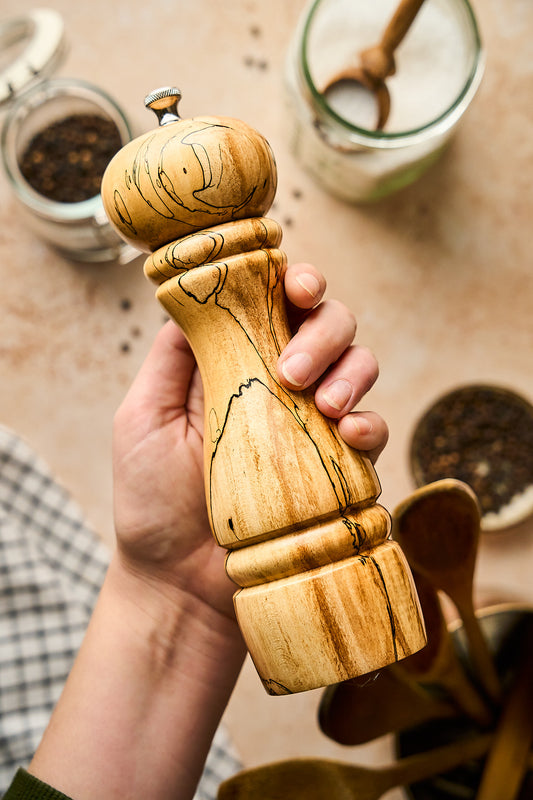 Apple Wood Pepper Grinder with Spalting Lines, Round Top
